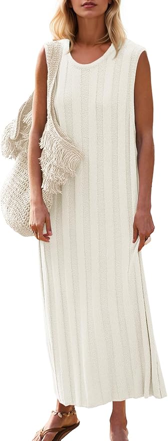 Fisoew Women's Summer Sleeveless Maxi Dress Scoop Neck Ribbed Knit Tank Top Dresses