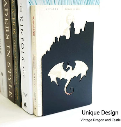 1 Pair 2pcs Heavy Metal Black Book Ends to Hold Books, Book Ends for Home Decorative (Dragon)