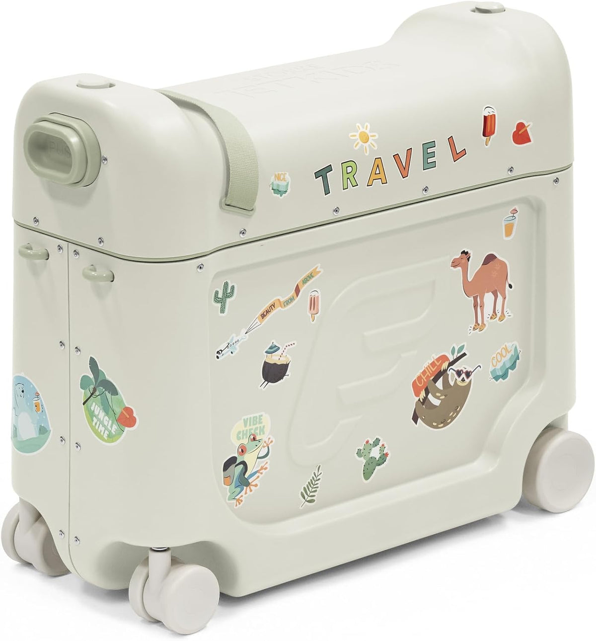 Stokke JetKids BedBox, Sea Green - Ride-On Suitcase for Kids 2-7 Years Old (up to 77 lbs) - Transforms Into Toddler Airplane Bed - Includes Mattress, Decorative Stickers & Adjustable Carrying Strap