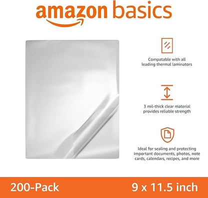 Basics Clear Thermal Laminating Plastic Paper Laminator Sheets, 9 x 11.5-Inch, 200-Pack, 3mil