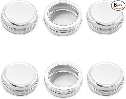 Heyiarbeit 6 Pack 2 OZ Tin Cans Screw Top Round Aluminum Cans Screw Lid Containers with Clear Window for Store Spices, Candies, Tea or Gift Giving