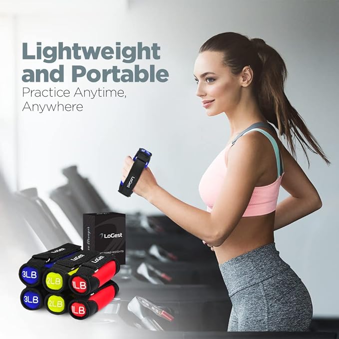 LoGest Soft Hand Weights Adjustable Straps - Comes in 1LB Weights or 2LB or 3LB 4LB - Comfortable  Secure Weighted Neoprene Dumbbells with Straps for Walking Running Cardio Workout Physical Therapy