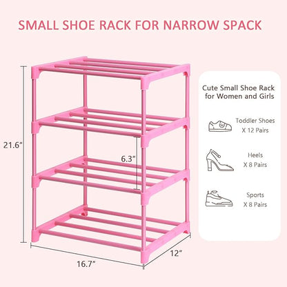 LNYZQUS Small Kids Shoe Rack, 4 Tier Pink Shoe Organizer Shoe Shelf for Closet,Stackable Narrow Shoe Stand Slim Zapateras Organizer,Cute Toddler Shoe Rack Floor for Women  Girls-Full Pink
