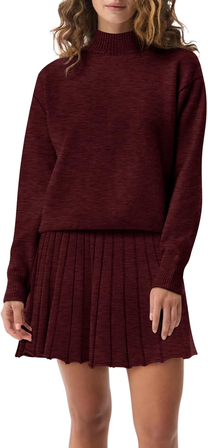 COCCKO Women's Two Piece Outfits Turtleneck Long Sleeve Ribbed Knit Tops Pleated Mini Skirt 2026 Casual Sweater Sets.