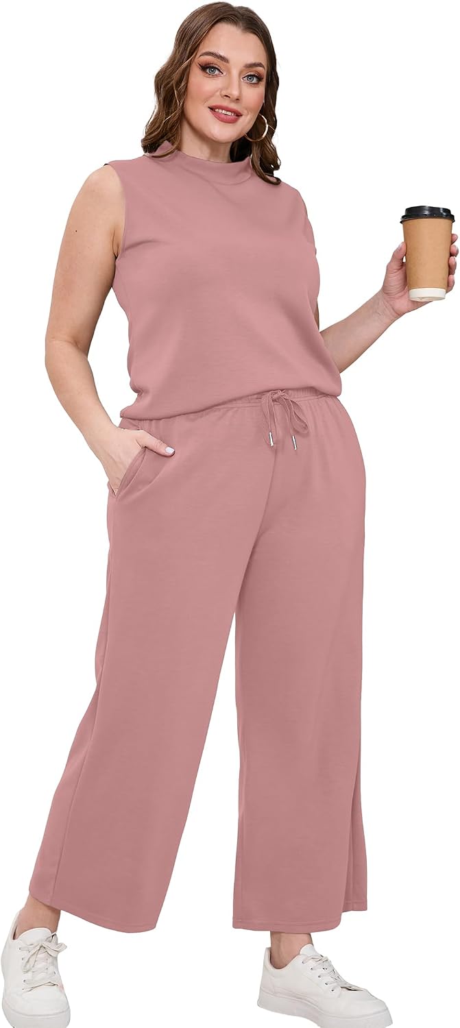 SAMPEEL Two Piece Sets for Women Summer Outfits Lounge Sets Mock Neck Tops Wide Leg Crop Pants Vacation Travel Outfits