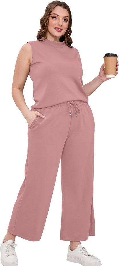 SAMPEEL Two Piece Sets for Women Summer Outfits Lounge Sets Mock Neck Tops Wide Leg Crop Pants Vacation Travel Outfits
