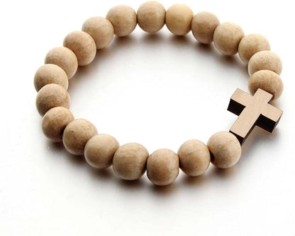 Wooden 10MM Beads Cross Bracelets Boho Handmade Natural Wood Religious Catholic Lightweight Stretch Bracelets for Men Women Ethnic Style Christian Faith Prayer Fashion Jewelry Gifts
