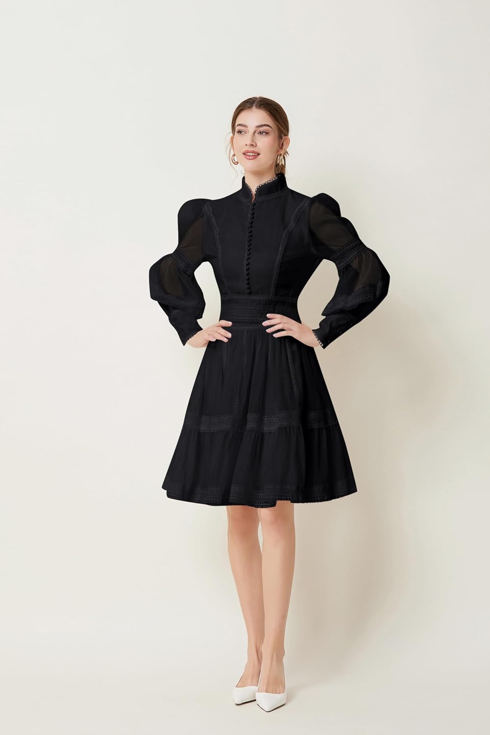 Medium , LAI MENG FIVE CATS Women's Puff Sleeves High Collar Hollow Mesh Pleat Layered Hem Solid Color Mini Dress.