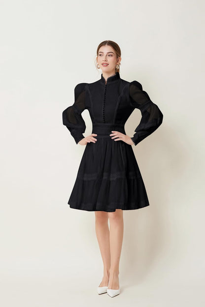 Medium , LAI MENG FIVE CATS Women's Puff Sleeves High Collar Hollow Mesh Pleat Layered Hem Solid Color Mini Dress.