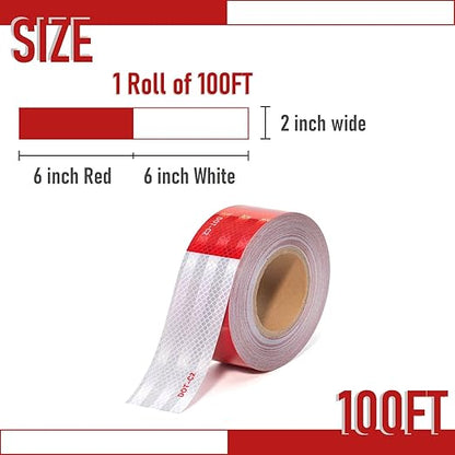 DOT-C2 Reflective Tape 2 Inch X 100 Feet Red White Reflector Adhesive Conspicuity Outdoor Waterproof Tape for Trailers, Trucks, Vehicles, Driveway, Boats, Signs (100 FT)