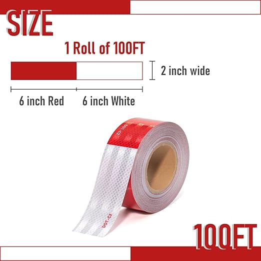 DOT-C2 Reflective Tape 2 Inch X 100 Feet Red White Reflector Adhesive Conspicuity Outdoor Waterproof Tape for Trailers, Trucks, Vehicles, Driveway, Boats, Signs (100 FT)