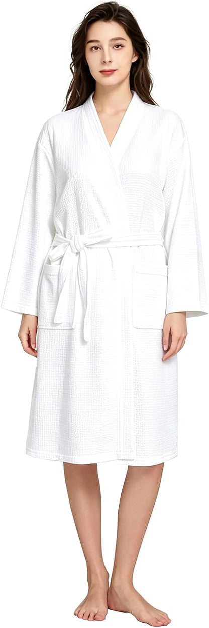 WORW Waffle Robes for Women Knit Cotton Soft Spa Bathrobe | Lightweight Loungewear, Knee Length with Pockets, V Neck, Kimono, Absorbent, Breathable, Removable Belt.