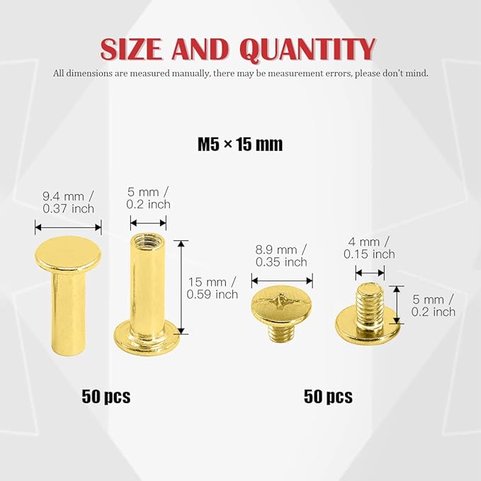 Hilitchi 50Sets M5 Brass Plated Phillips Chicago Screw Posts Binding Screws Assortment Kit for Scrapbook Photo Albums Binding, Leather Repair - Gold (M5 x 15mm-50Sets)