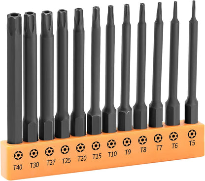 Torx Bit Set, 12-Piece Security S2 Steel Tamper Proof Star with Bit Holder, 3" Long Drill Bit, 1/4" Hex Shanks