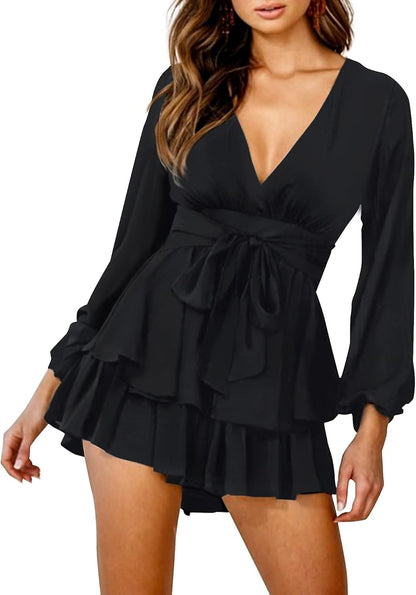 Relipop Womens Floral Print Romper V Neck Long Sleeve Double Layer Ruffle Hem Shorts Jumpsuit 2026 Beach Vacation Outfits