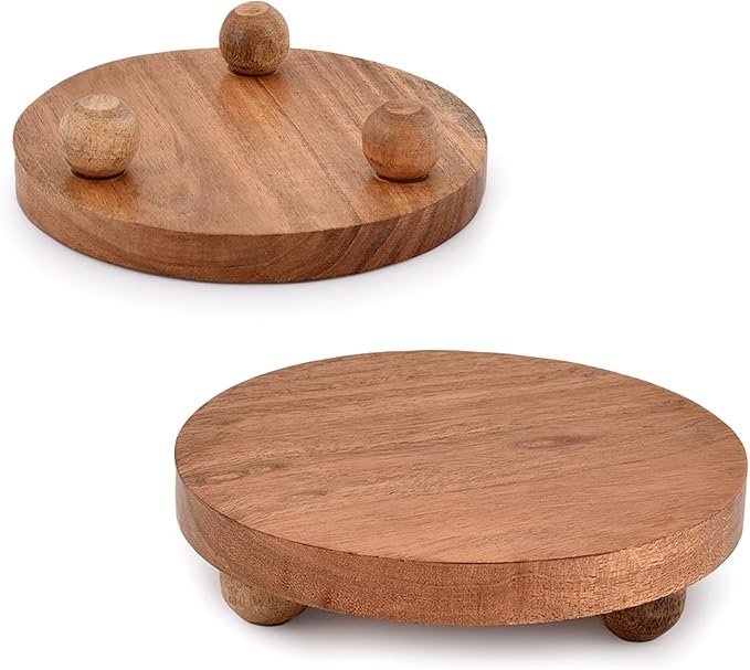 NIRMAN Display Stand Round Acacia Wood Stand for Display Wooden Stand for KitchenBathroom CounterPlant Stand (6" x 6" x 1.5"), (Set of 2)