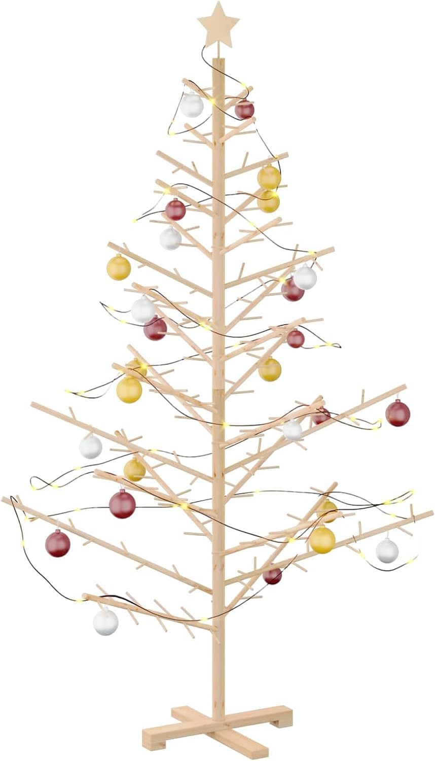 vidaXL Wooden Christmas Tree with Stand Natural 70,9" Solid Pine Wood, Living Room, Modern Wooden Christmas Tree, Minimalist Design, Beige Holiday Decoration, Indoor Festive Decor, Simple Pine