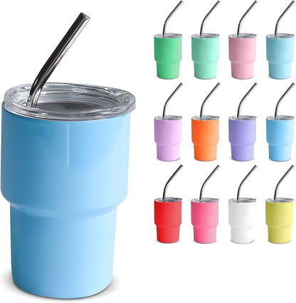 Mini Tumbler Shot Glass with Straw and Lid, 7oz Cute Insulated Shot Cups Stainless Steel for Espresso Coffee Spirits, Wedding, Party,Camping,Outdoor,Carnival,Oktoberfest Water Beer Cups (sky blue)