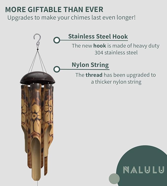 Rustic Bamboo Wind Chimes - Outside Outdoor Wooden Windchimes, Medium, Floral Burned Design with Coconut Crown, Handcrafted with Calming Deep Tones, Home Decor Ideal Gift for Him  Her