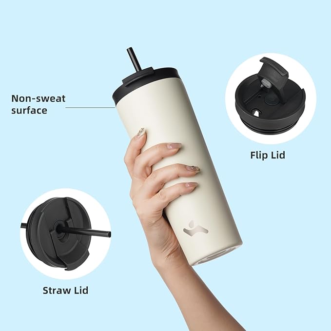 30 OZ Insulated Tumbler with Lid and 2 Straws Stainless Steel Water Bottle Vacuum Travel Mug Coffee Cup,Angel White