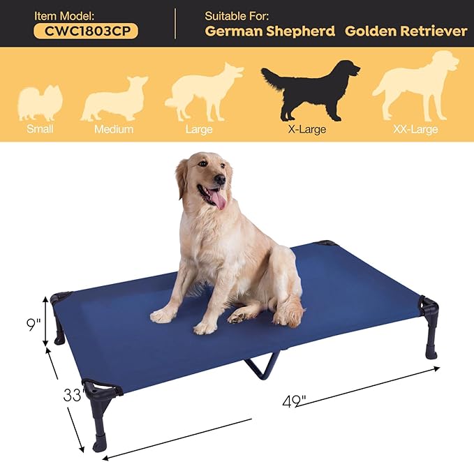 Veehoo Outdoor Elevated Dog Cot Bed, Cooling Raised Pet Bed for X-Large Dog, Washable Breathable Mesh Hammock Bed with No-Slip Feet, Indestructible Ground Off Training Platform Cot-49"x33" Blue