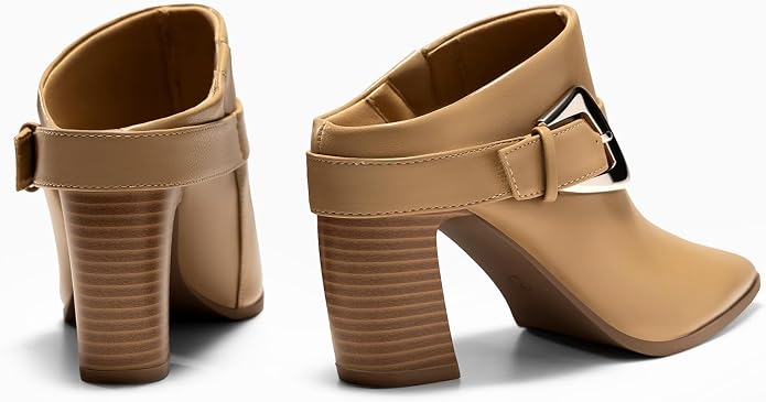 Coutgo Womens Mules Boots Chunky Stacked Heel Pointed Toe Booties Slip On Dress Boot Shoes with Buckle Decoration