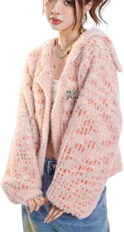 Women Knitted Cardigan Loose Lazy Wind Sailor Collar Sweaters Textured Patchwork Tops