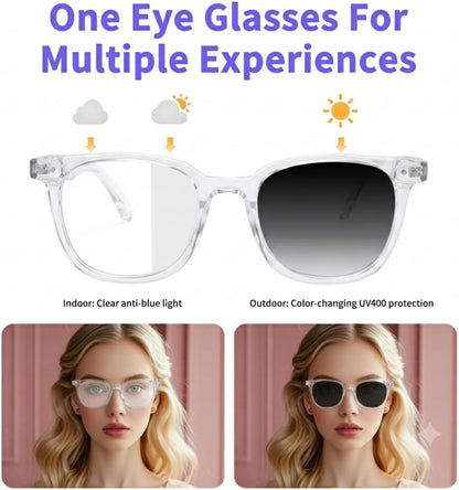 Smart Glasses for Women Men, Bluetooth Glasses with Photochromic Lenses, Touch Control Voice Assistant for Clear Audio, Transparent Frame and White Legs, Wearable Tech Glasses for Working