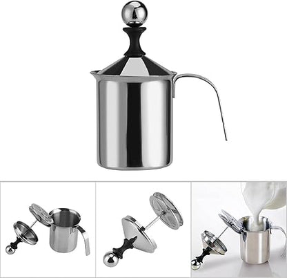 Foam Maker, Stainless Steel Manual Milk Frother, Manual Operated Milk Foam Maker, with Double froth screen, for Cappuccino Coffee Latte Hot Chocolate (800ML)