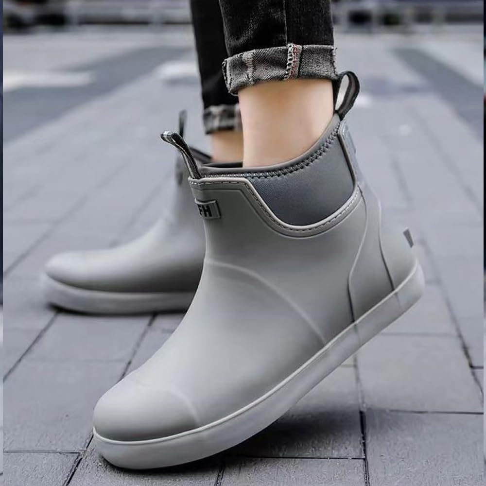 Men's Deck Fishing Boots Waterproof Rain Boots,Green Ankle Booties Slip On,Rubber Footwear For Gardening Fishing Boating Camping Sailing