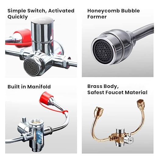 Emergency Eye Wash Station  Faucet Mounted Eyewash Unit for Sink Attachment, First Aid Eye Flush Solution for Lab, Factory, Office, or Home  Includes 4 Adapters
