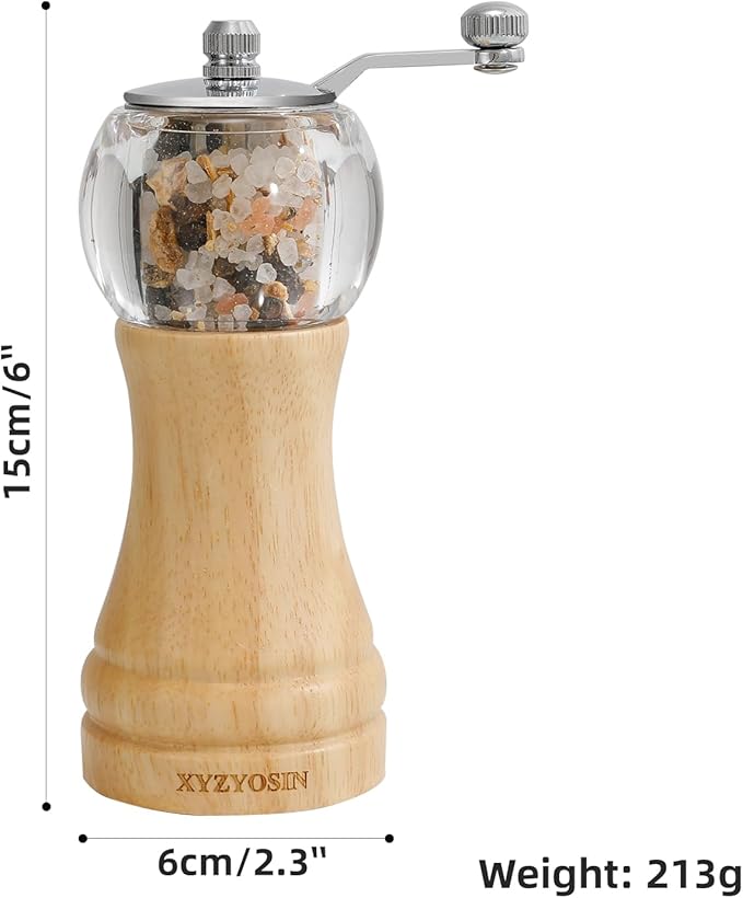 Classical Hand Shake Rubber Wood Salt or Pepper Grinder Set Refillable Salt Grinder Pepper Mill with Adjustable Coarseness Acrylic Body For Kitchen 1 Pack