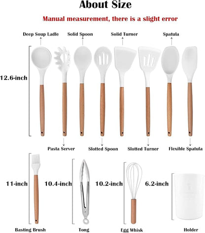 1pc White Silicone Slotted Spoon with Wooden Handle, Heat Resistant Cooking Utensils, Mixing Spoon, Cooking Backing Spoons Set for Stirring, Mixing and Serving
