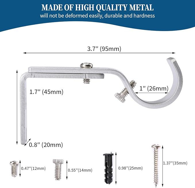 Heavy Duty Adjustable Curtain Rod Brackets Rod Holders for 1 Inch Rod, Silver Color, (Set of 6)