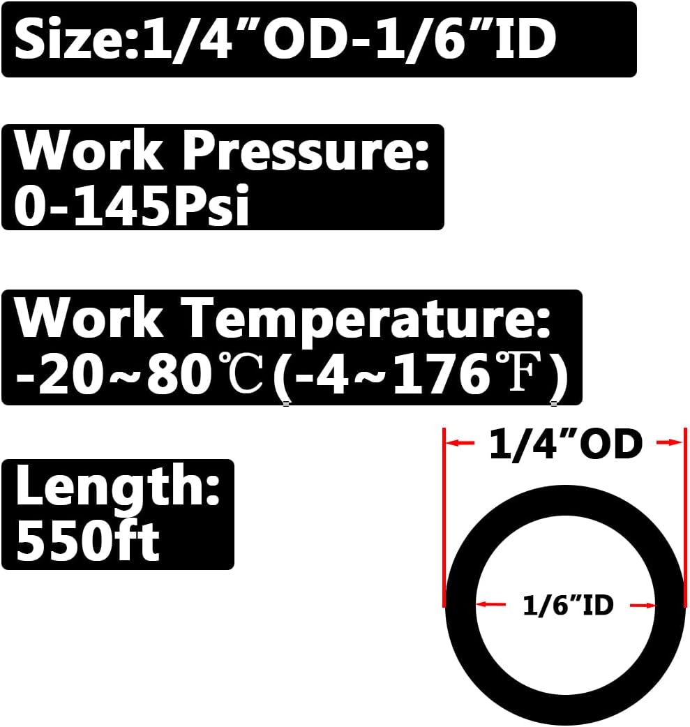 Pneumatic 1/4" OD Tubing 550Ft PU Air Tube Hose Pipe for Air Line or Water Transfer (Black)