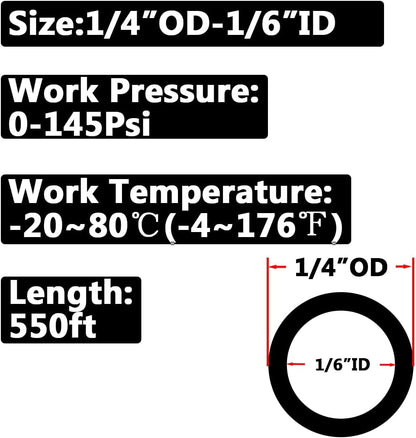 Pneumatic 1/4" OD Tubing 550Ft PU Air Tube Hose Pipe for Air Line or Water Transfer (Black)