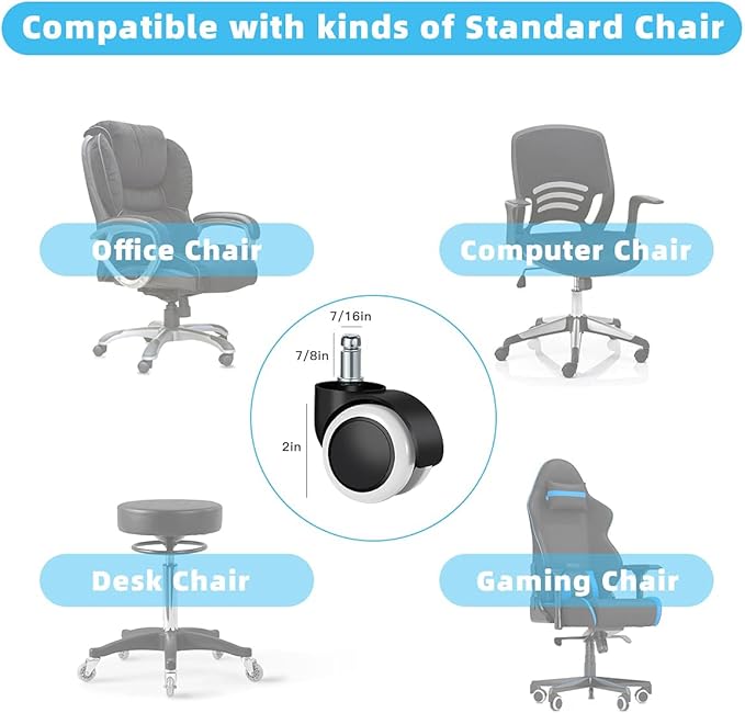 Office Chair Caster Wheels Replacement(Set of 5) for Hardwood Floors and Carpet- Heavy Duty Caster Support up to 1000bls, Office Rubber Chair Wheels,2 inch,Universal Size (White)
