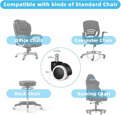Office Chair Caster Wheels Replacement(Set of 5) for Hardwood Floors and Carpet- Heavy Duty Caster Support up to 1000bls, Office Rubber Chair Wheels,2 inch,Universal Size (White)