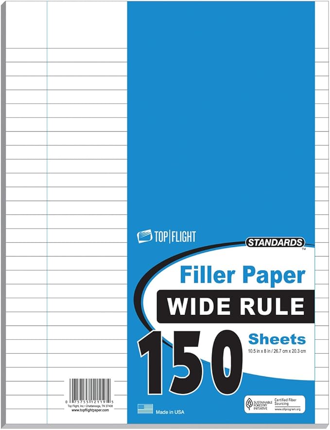 Top Flight Filler Paper, 10.5 x 8 Inches, Wide Rule, 150 Sheets (12119)