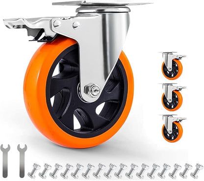 5" Swivel Plate Casters Wheels with Screw Safety Dual Locking and Polyurethane Foam No Noise Wheels,Heavy Duty-550 Lbs Per Caster