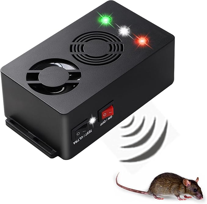 Ultra Sonic Rodent Treatment Repeller Battery Operated Mouse Reducer Repellent Pest Rat Mice Repelling Device with Strobe Lights Under Hood Animal Deterrents 1Pack