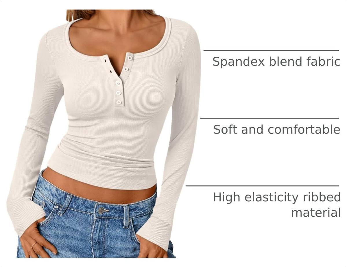 Long Sleeve Shirts for Women Henley Ribbed Fall Tops Dressy Business Casual Teen Girl Winter Cute Basic Tees
