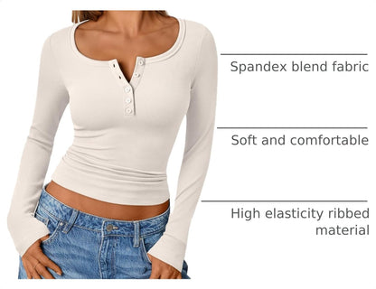 Long Sleeve Shirts for Women Henley Ribbed Fall Tops Dressy Business Casual Teen Girl Winter Cute Basic Tees