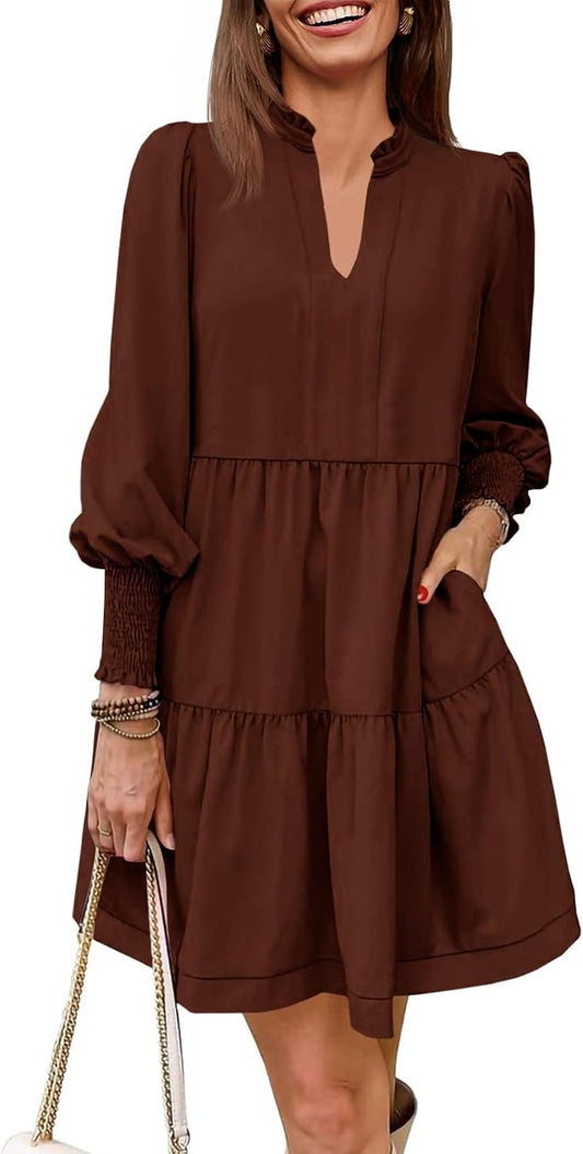 Imily Bela Womens Fall Long Sleeve Tunic Dress Casual V Neck Loose Ruffle Tiered Dress