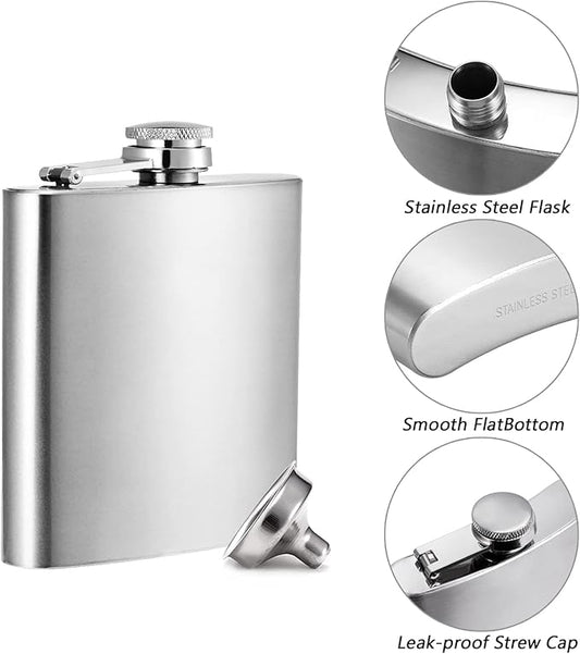 Hillside-Kit Hip Flask Pocket Alcohol Dranking Flask 6 OZ Stainless Steel Leak proof with Funnel Flask set (Silver)