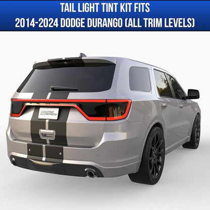 Fits 2014-2024 Dodge Durango Tail Light Tint Kit. Dark black smoke vinyl taillight overlay accessories.