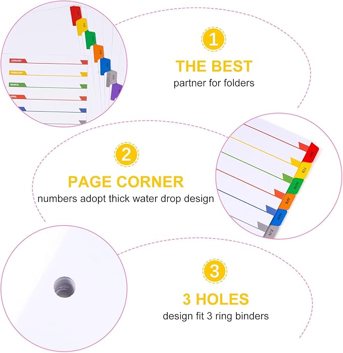 Monthly Dividers for 3 Ring Binder, 12 Month Tabs, Multicolor Month Tabs Binder Dividers - with Table of Contents Page, 3 Set