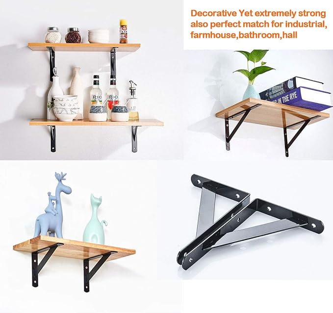 8Pcs Shelf Brackets Heavy Duty Triangle Shelving Brackets Right Angle Wall Mounted Shelf Supporters, Black 6 Inch
