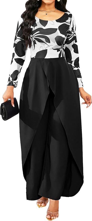 Casual Floral Jumpsuit for Women Dressy Elegant Scoop Neck Long Sleeve Long Pants Cocktail Party Rompers