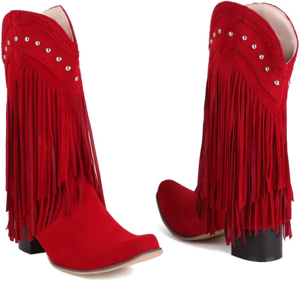 KiutSymo Mid Calf Fringe Boots For Women Cowboy Pointed Toe Chunky Heels Cowgirl Western Tassel Boots .